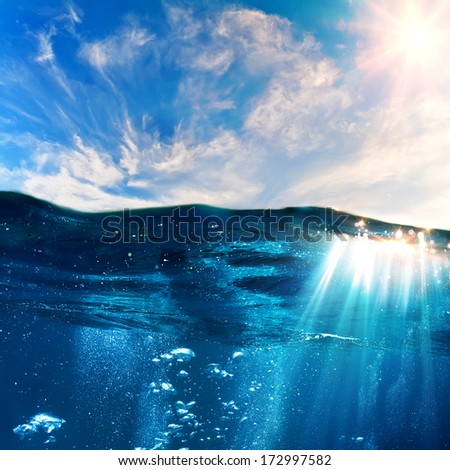 Design Template With Underwater Part And Cloudy Sky Splitted By Waterline