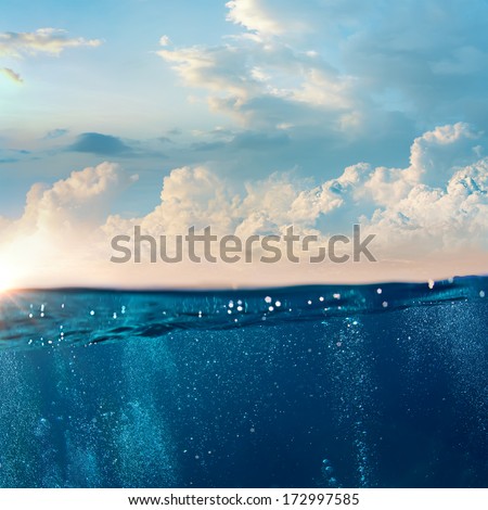 Design Template With Underwater Part And Cloudy Sky Splitted By Waterline
