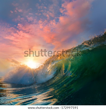 Beautiful Ocean Surfing Shorebreak Wave At Sunset Time