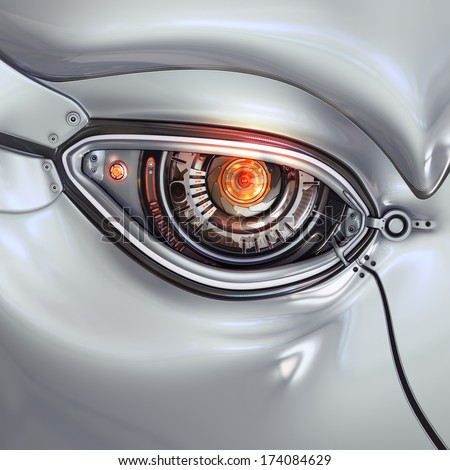 Futuristic bright cyber eye with computer digits shining closeup as a part of mechanical metal robot\'s face