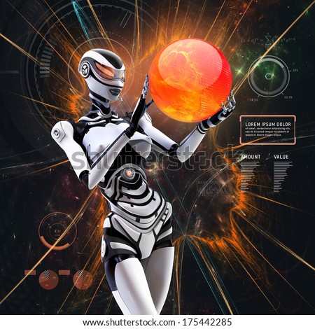 Modern designed robotic SCI-FI scene. Futuristic female white android managing virtual bright fire globe in digital abstract space with infographic elements