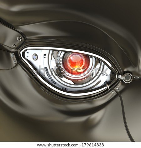 Futuristic bright cyber eye with computer digits shining closeup as a part of mechanical metal robot\'s face