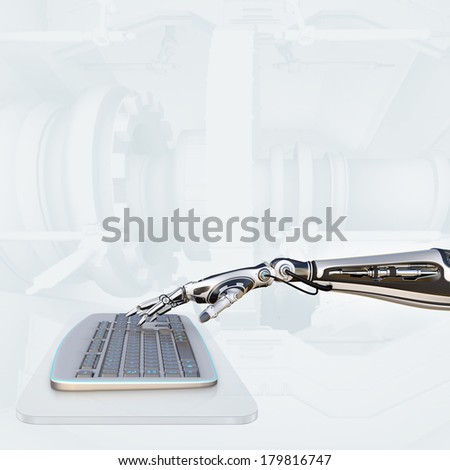cybernetic scene on abstract tech background sci-fi robot hand working with computer keyboard