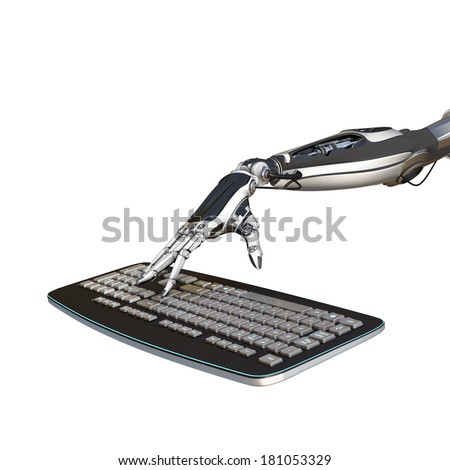 cybernetic scene isolated on white background sci-fi robot hand working with computer keyboard