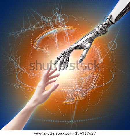 female human and robot\'s hands as a symbol of connection between people and artificial intelligence technology