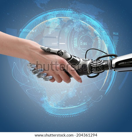 Robot and human handshake. Cyber communication design concept.
