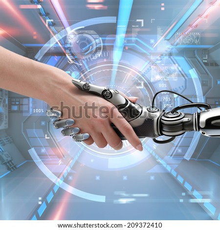 Cyber communication design concept. Female robot and human holding hands with handshake.