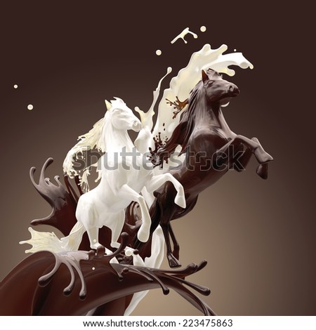 creamy milky and coffee liquid horses running gallop over mixed splashes making drops