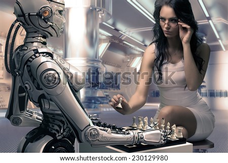 Woman Playing Chess with Fembot Robot