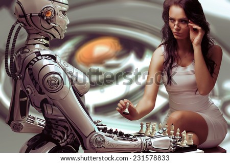 Woman Playing Chess with Fembot Robot