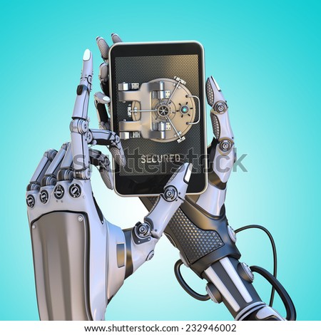 Mobile banking security design concept. Smartphone with door of safe holding with robot hands