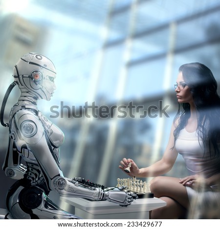 Fembot Robot Playing Chess with Woman. Side view behind glass