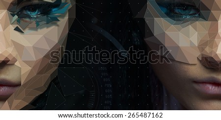 Low poly abstract Two sided portrait of a beautiful girl. Cybernetic Futuristic Concept for your Design.