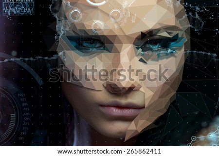 Low Poly portrait of a beautiful girl. Cybernetic Futuristic Concept for your Design. Electronic Artificial Eyes. Infographics shining elements.