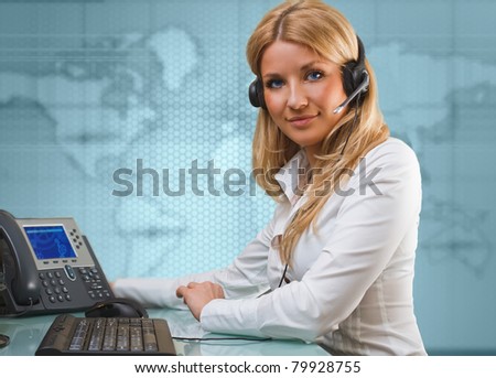 on-line suport call center attractive blue eyed blonde talking hands free device