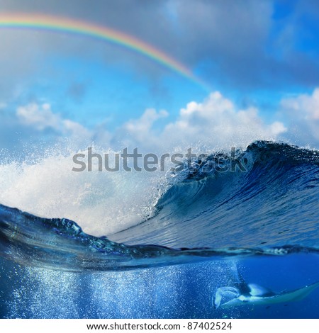 Ocean view splitted underwater side with mantaray surrounded by air bubbles and shore break big waves with colored rainbow