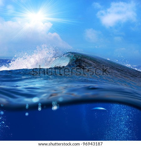ocean-view seascape landscape Big surfing ocean wave with slightly cloudy sky and the sun