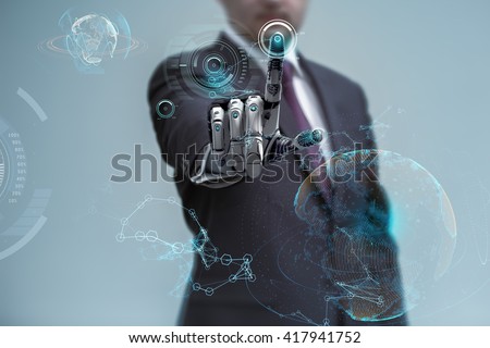 businessman operating virtual hud interface and manipulating elements with robotic hand. Blue holographic screen artificial design concept.