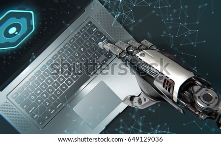 Artificial hand of robot working with laptop. 3D illustration