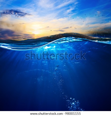 Design Template With Underwater Part And Sunset Skylight Splitted By Waterline
