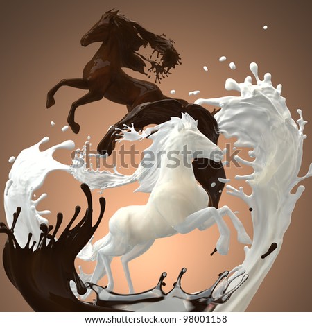 creamy milky and hot brownish chocolate liquid horses running gallop over mixed splashes making bunch of drops