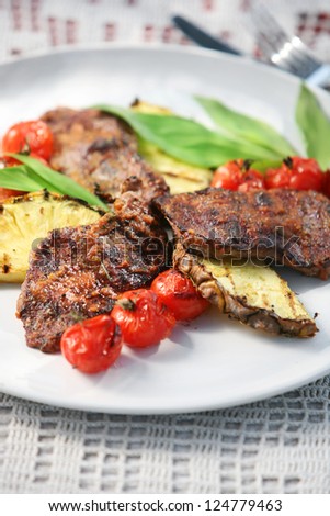 grilled meat tomato and pineapple