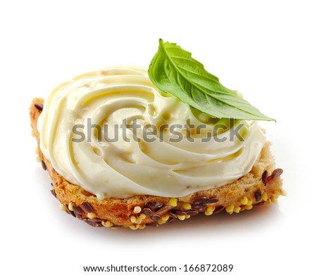 Bread With Melted Cream Cheese On A White Background
