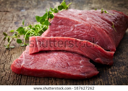 fresh raw meat on old wooden table