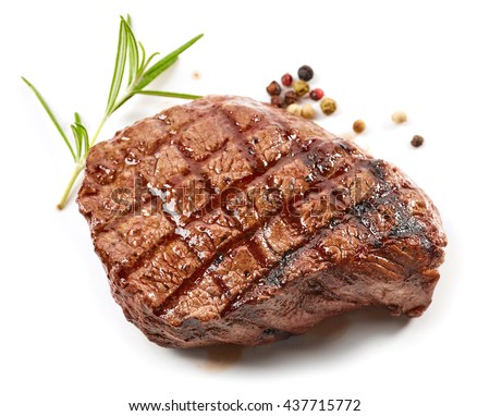 grilled beef steak and spices isolated on white background