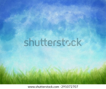 Textured Digital Watercolor Artwork with green grass and blue sky.