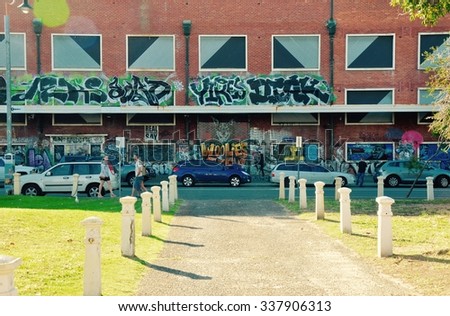 Skater hangout and street art Fremantle,WA/Skater's and Street Art/FREMANTLE,WESTERN AUSTRALIA,AUSTRALIA-NOVEMBER 8,2015: Skater's scene with street art in Fremantle, Western Australia