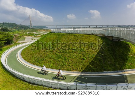 Bicycle Lanes outside the Entrance of  Fo Guang Shan Buddha Memorial Center and the Cable-Stayed Bridge on Highway #3 in Kaohsiung and Pingtong, Taiwan.