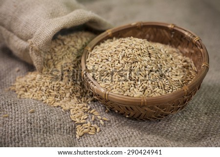 a pile of rice in pannier and burlap bag
