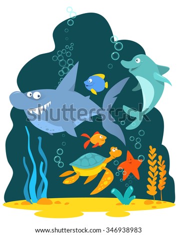 Underwater sea ocean scene with fish animal turtle coral plant cartoon  vector illustration - Stock Image - Everypixel
