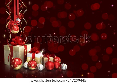 Christmas theme with glass balls and gift boxes and free space for text