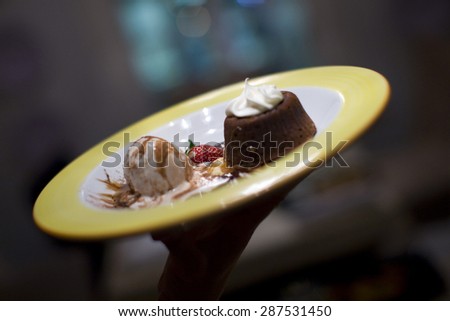 molten chocolate lava cake with ice cream for dessert