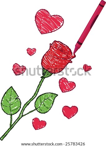 stock vector Crayon drawing of a Rose and Hearts vector illustration