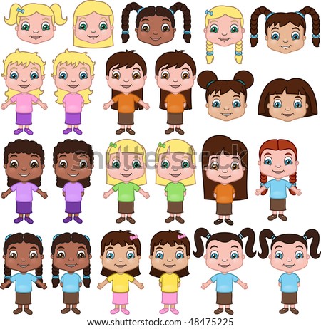 stock vector Little Girls a set of ethnic types and hairstyles