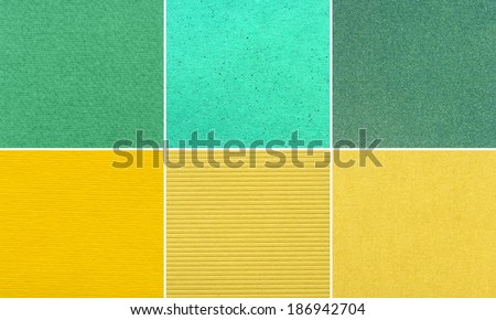 Set of different green and yellow textures - canvas, linen, velvet, paper.