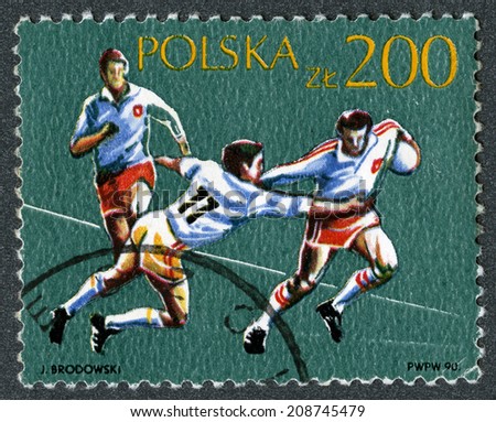 Republic of Poland - circa 1990: A stamp printed in Republic of Poland - Olympic sports series, Rugby