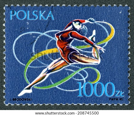 Republic of Poland - circa 1990: A stamp printed in Republic of Poland - Olympic sports series, Rhythmic gymnastics