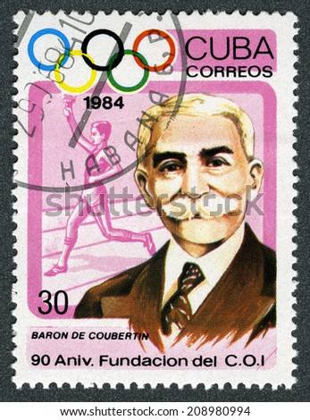 CUBA - CIRCA 1984: A stamp printed in the Cuba - Pierre de Coubertin, Educator, Historian, Founder of the International Olympic Committee, circa 1984