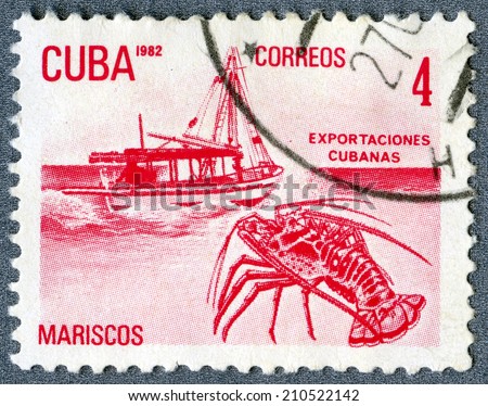 CUBA - CIRCA 1982: A stamp printed in Cuba - fishing boat and lobster, pink color, circa 1982