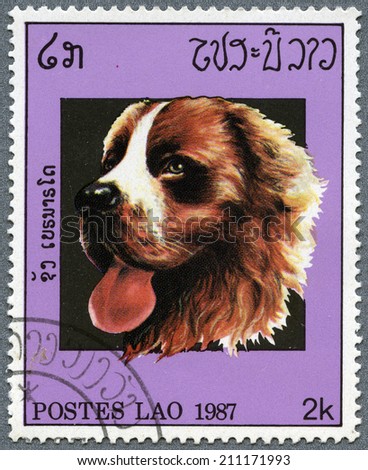 LAOS - CIRCA 1987: The stamp printed in Laos shows a pedigree dog, circa 1987