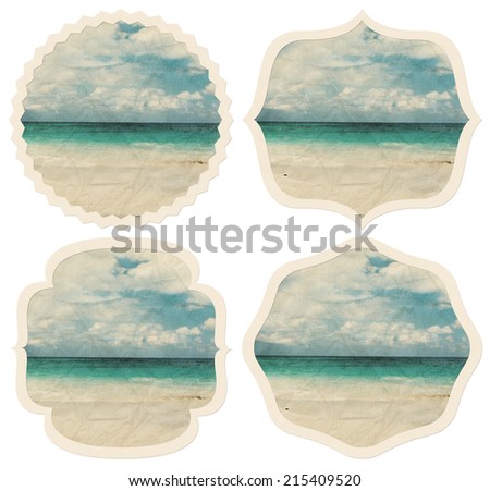 Set of different  textured label with beach landscape in vintage style and frame