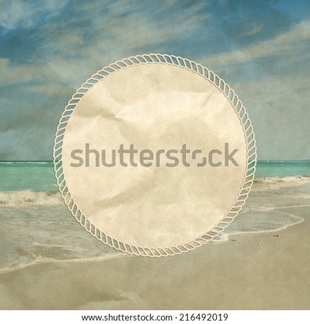 Background in vintage grunge style with tropical beach and frame