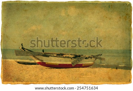 Vintage style postcard with old asian boat image