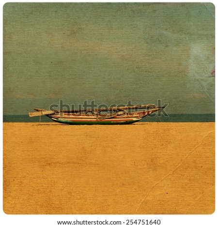 Vintage style postcard with old asian boat image