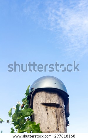 Helmet on the stump and green leaves , blue sky background soft cloud ,it bottom in image
