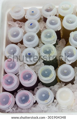 Top view of bottle plastic that has another color water , colorful